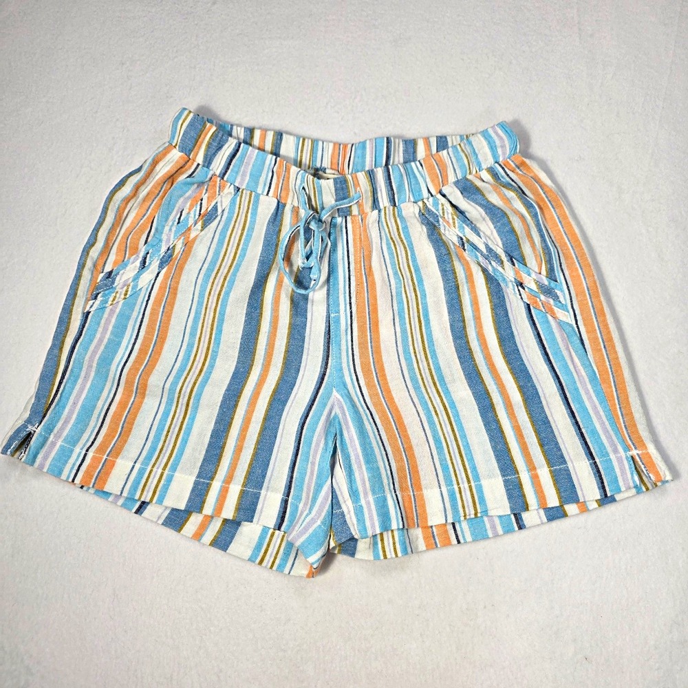 Briggs Womens Striped Linen Blend Shorts Size S Elastic Drawstring Pockets 4"